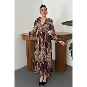 Vestido Marrón Brillante con Cinturón - Marrón - Product Image 2
