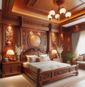 Dark oak Victorian-inspired <b>bed</b> with heavy relief carvings. <b>Antique</b> charm available at wholesale prices. - Product Image 3