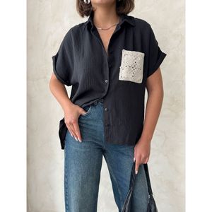 Topshow Women's <b>Linen</b> <b>Shirt</b> with Pocket Applique <b>Black</b> Wholesale Raw <b>Linen</b> Blouses & <b>Shirts</b> - Product Image 2