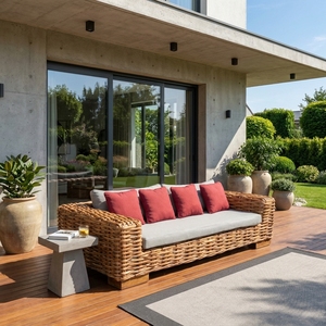 Natural Chunky Rattan Woven Outdoor 3 Seater Sofa Grey Cushion <b>Red</b> <b>Throw</b> Pillows Patio Daybed Decor Pure Room Art Design - Product Image 2