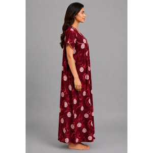 Evolove Skin Friendly Printed Front Zip Nightgown Dark Maroon Breathable Spandex Summer Sleepwear 3XL - Product Image 4