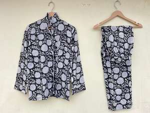 Pyjama en popeline de coton 100% fait main en Inde, imprimé floral, élégant, décontracté, luxueux, doux, respirant, pour l'hiver et l'automne - Product Image 4