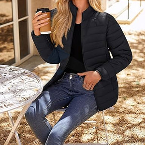 Chaqueta Acolchada Ligera para Mujer, Abrigo Cálido de Invierno con Cuello Alto, Cierre Completo, Ropa Exterior Cómoda para Uso Diario, Color Negro - Product Image 3