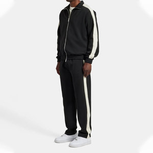 Survêtement noir pour homme avec bandes latérales blanches, col roulé zippé, design sportif, coupe classique, polyester et coton, pour l'automne - Product Image 4