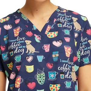 KATBROS INDUSTRY Women 100% Cotton Coffee Dog Print <b>Scrub</b> <b>Tops</b> V-Neck Short Sleeve Medical Uniforms - Product Image 5