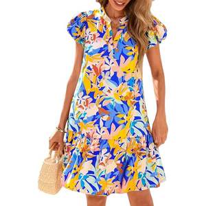 Vestido largo floral para mujer, vestido de verano con mangas abullonadas y cuello en V, dobladillo con volantes, bolsillos, vestido ajustado informal ligero - Product Image 4