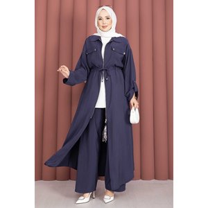 Conjunto de Túnica y Pantalones Casuales Azul Marino para Mujer, Talla XXL, Estampado Floral en Lona, Cintura con Cremallera, Dos Piezas, Falda de Oficina - Product Image 1