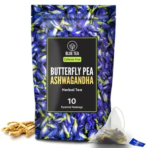 Butterfly Pea Flower Ashwagandha Herbal Tea-10 Pyramid Tea Bags FARM PACKED Iced Tea, Cooler, Caffeine-Free-Vegan Premium Zipper