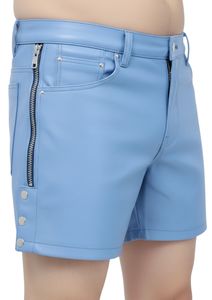 Shorts décontractés pour hommes en cuir véritable, couleur unie, avec fermeture à boutons à la taille et fermeture éclair latérale - Product Image 2