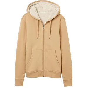 Men's Beige <b>Sherpa</b> <b>Lined</b> Hooded Zip Up Sweatshirt Regular Fit Casual Fleece Hoodie With Front Pockets Autumn Winter Wear 2027 - Product Image 1