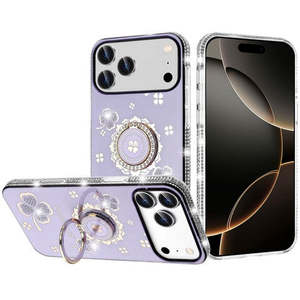 เคส iPhone 18 Pro 2026, iPhone 17 Pro 2025 แบบมีกลิตเตอร์ ขอบเพชร พร้อมขาตั้งแบบวงแหวน สีม่วง - Product Image 1