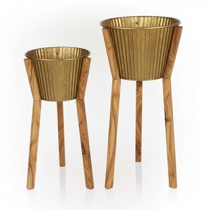 Deluxe Quality Bamboo <b>Wood</b> Plant Stand With Cream Color Metal <b>Planters</b> Set Of 3 Home Decor Indoor Outdoor Floor Display On Sale - Product Image 2