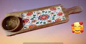 Long Bat Shape Printed Wooden Platter Handcrafted Decorative Serving Tray <b>for</b> Snacks, Appetizers, and Dining Table <b>Display</b> - Product Image 2