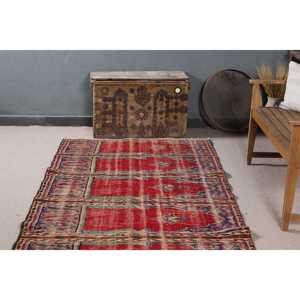 Turkish Rug, 4.2x13.1 ft <b>Runner</b> Rug, <b>Red</b> Check Wool Vintage Rug - Product Image 4