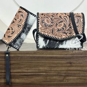 Sac à bandoulière en cuir et cuir de vachette pour femmes avec portefeuille assorti Ensemble de sacs à main deux pièces en cuir véritable de style occidental - Product Image 1