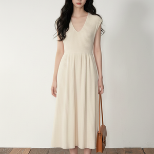 Vestido Midi de Punto Acanalado con Cuello en V para Mujer, Precio al por Mayor, Tacto Suave, Manga Corta, Vestidos Elegantes para Mujer, Ropa Directa de Fábrica - Product Image 1