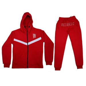 Conjunto de dos piezas de chándal de lana tecnológica para hombre rojo y blanco con logotipo de bordado y diamantes de imitación gimnasio Fitness entrenamiento pantalones de chándal traje - Product Image 1