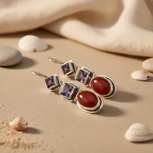 Pendientes Colgantes Religiosos Cristianos de Plata 925 de Moda para Mujer con Amatista, Cornalina y Perla en Engaste de Bisel para Bodas - Product Image 3