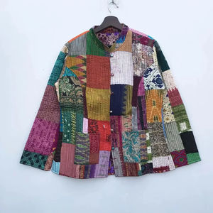 Chaqueta Acolchada Reversible de Seda con Diseño de Patchwork, Chaqueta Corta con Cuello Alto para Mujer, Estilo Indio - Product Image 1