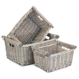 Wooden Handle Gray Washed <b>Woven</b> <b>Basket</b> Panier De Rangement En Osier with Stylish Design - Product Image 3