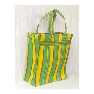 Eco friendly nylon striped market bag with custom printed logo custom striped zipper top recycled nylon shopping tote bags