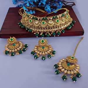 Indian Wholesale Jewellery Faux <b>Pearl</b> Crystal Kundan Choker <b>Necklace</b> Bridal Traditional Dangle Earring With Maag Tikka Set,Green - Product Image 2