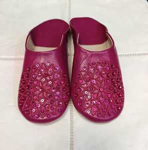 Wholesale Magenta Pink Sequin Moroccan Leather Babouche Slippers Beaded Oriental Mules Round Toe House <b>Shoes</b> multiple colors - Product Image 1
