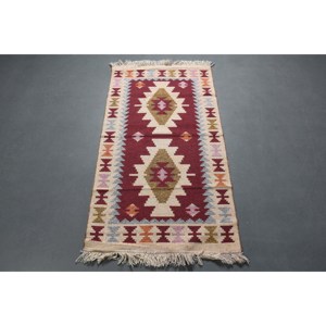 Alfombra Turca de 2.6x4.8 pies, Alfombra Pequeña Vintage, Alfombra de Lana a Cuadros Rojos - Product Image 5