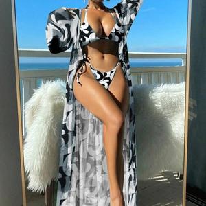 Maillot de bain bikini 2 pièces long pour femme avec paréo en dentelle à pampilles et strass, appliqués, collection 2025, tenue de plage en maille - Product Image 5
