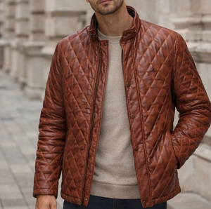 Men Diamond <b>Quilted</b> Leather Jacket Premium Style Insulated Jacket with Thermal Padded Lining Heavyweight Biker Workwear Jacket - Product Image 1