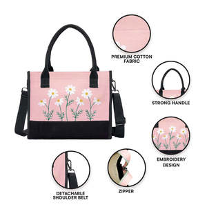For Pink Floral Embroidered Tote Handbag Large Fashionable Ladies Tote Bags For Daily Office Use Lunch <b>Box</b> Storage Handbag Tote - Product Image 3