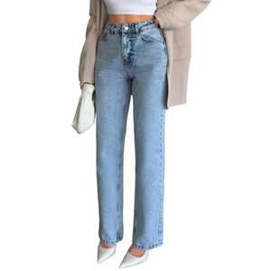 Pantalones de mezclilla para mujer Pantalones vaqueros de pierna recta de cintura alta lavados informales Pantalones vaqueros rectos antiarrugas La mejor moda para mujer - Product Image 1