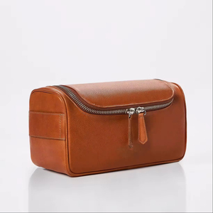 Leather Cosmetic Case Medium Size Zipper Closure Portable Travel <b>Toiletry</b> Bag for Men Women Simple Style - Product Image 2