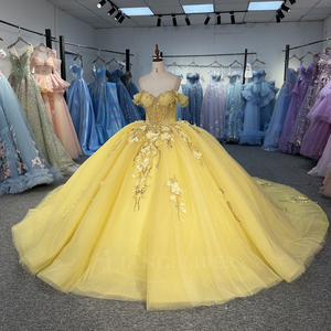 Vestido de Quinceañera Elegante Amarillo con Apliques de Cristal y Pedrería, Estilo 6919, Largo hasta el Suelo, con Flores 3D - Product Image 2