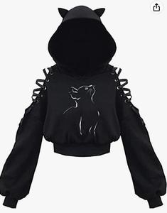 Mujeres sudaderas con capucha de orejas de gato Crop Top Sudadera con capucha con cordones de manga larga primavera otoño - Product Image 3