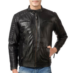 High Quality Cow Skin Leather Jacket with Customized Logo on Front <b>Stand</b> Collar Eco-Friendly for Men - Product Image 4