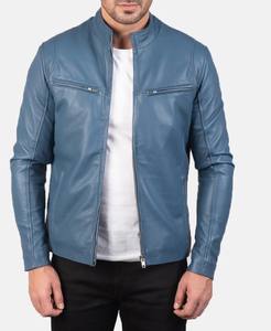 Veste de moto formelle en cuir véritable bleu pour homme, style café racer, col montant, respirante, écologique - Product Image 1
