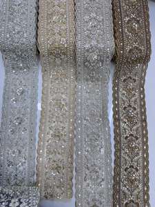 Ribete de Encaje Ecológico Bordado con Cuentas Tradicionales de Lujo con Perlas y Lentejuelas para Decoración de Novias y Prendas - Product Image 2