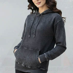 Sudadera con Capucha para Mujer, Estilo Vintage, Ligera, Transpirable, Estampada, de Felpa, Lavado Ácido, 100% Algodón, Otoño Invierno, Color Negro con Efecto Spray - Product Image 5