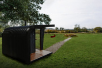 Cabine de sauna extérieure moderne incurvée en gros pour usine, sauna à poêle à bois