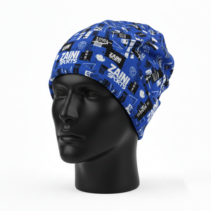 Gorro de Hombre de Alta Calidad, Tejido de Punto de Poliéster y Elastano, 180 GSM, Ligero, Elástico, Color Azul, con Logotipo Personalizado Estampado en Jacquard - Product Image 4