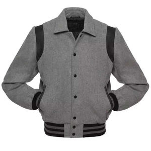 Chaqueta Estilo Universitaria Gris Jaspeada para Hombre, Detalles de Cuero en los Hombros, Cuello Plegable, Ropa Urbana de Moda - Product Image 1
