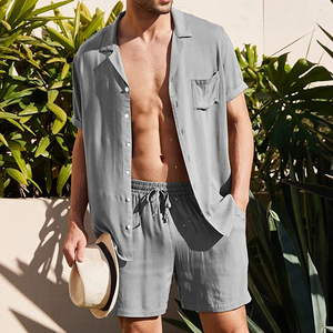 Conjunto de camisa de manga corta de lino para hombre al por mayor, cárdigan de algodón informal holgado de verano, conjunto de camisa y pantalones cortos con logotipo personalizado - Product Image 2