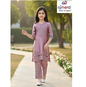 Ensemble Kurta et pantalon doux pour filles Ajmera, broderie en dentelle, manches longues, viscose, tenue ethnique traditionnelle pour enfants, en stock - Product Image 1