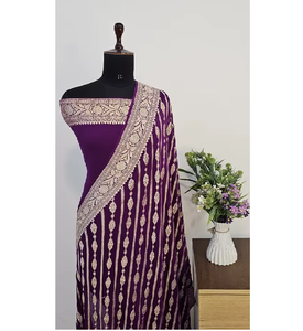 Sari Banarasi de Georgette Khaddi Puro de Primera Calidad, Tejido a Mano, Detalles en Zari, Protección Solar, Secado Rápido, para Fiestas, Bodas, Estilo Étnico - Product Image 4