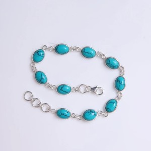 Bohemian 8x10mm Oval Cabochon Link Chain Amazing Blue Turquoise Bezel Setting Solid 925 Sterling Silver <b>Bracelet</b> <b>Christian</b> Wife - Product Image 6