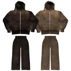 Custom Sun-Faded Distressed Acid Wash Winter Casual Hoodie and Flared <b>Sweatpants</b> Tracksuit <b>Set</b> for Men - Product Image 3