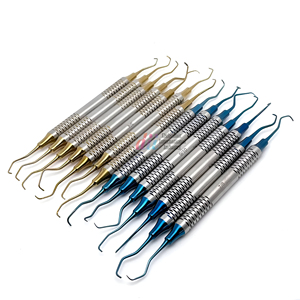 Juego de curetas Gracey periodontales de acero inoxidable de 7 piezas de color azul/dorado-# Instrumentos dentales quirúrgicos médicos para el cuidado bucal - Product Image 1