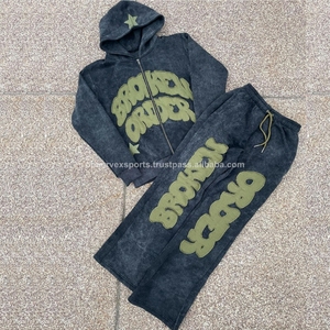 Fabricante de ropa personalizada, sudadera con parche bordado desgastado con lavado ácido, pantalones de chándal acampanados, conjuntos recortados con capucha - Product Image 5