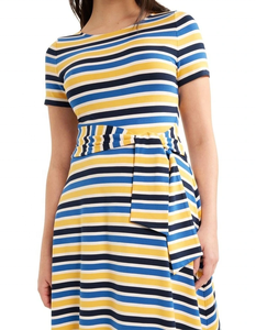 Vestido Midi Casual de Moda para Mujer, Manga Corta, Cinturón de Tela, Corte Entallado, Falda con Vuelo, Jersey a Rayas en Color Marfil - Product Image 3